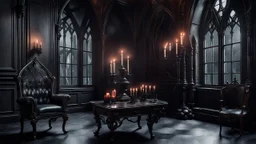 a high-detailed gothic castle room with unique interior. The stunning antique beauty is captured with an old, moody atmosphere. The gothic windos and interiors in Victorian and Goth style table with one candle, chair, mirror, old crepy dark pictures, one stunning old black marble fireplace, nice armchair , some spider webs on window, sharp focus, realistic,. The color palette is dominated by black, red, silver, hues, casting a dramatic glow , interior photo, hig realistic, detailed, beautifull s