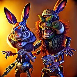 Bug bunny personnage cartoon style zombie iron maiden joue guitare,yeux rouges injecté sang 4k détail ultra Fibonacci