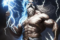 Detailed and realistic illustration of Greek god Zeus holding holding lightning.