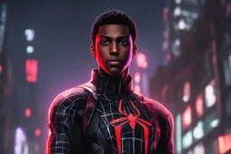 Miles morales in 8k nier automata drawing style, Carnage them suit, cinematic mood, neon effect, close picture, rain, highly detailed, high details, detailed portrait, masterpiece,ultra detailed, ultra quality