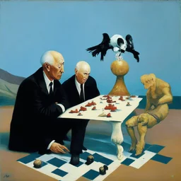 Putin, President Xi Of China And Joe Biden Play Chess With A Pigeon,Ufo And Atomic Bomb Mushroom Cloud,Complex Surgical Instruments Intermixed With A Newborn Boy,Minimalism,Painting By Adrian Ghenie,Rene Magritte,Pablo Picasso,Michelangelo,Salvador Dali,Lucian Freud