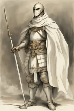 Knight wearing white robes and white cape with white face mask, holding a spear