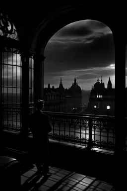 The court was very cool and a little damp, and full of premature twilight, although the sky, high up overhead, was still bright with sunset. Victorian London, black and white. A man behind a window.