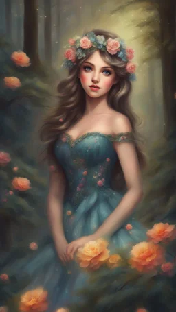 Painting of a beautiful girl, beautiful, haunted forest, flowers on her head, glitter dress, young girl, digital painting, fantasy art, pretty face, inspired by Thomas Kinkade, anime portrait, barbie face, big eyes, bright eyes, dream, trees, forest background, dark night, song, glitters background, fantasy, high quality, 8k