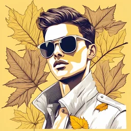 Autumn, fall man. Fashion portrait of a beautiful young man in sunglasses on a yellow background. Beauty, fashion.