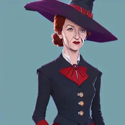 Portrait of a 30 year old witch like Margaret Thatcher and Mary Poppins