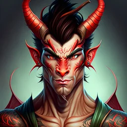 cartoon art of man dragón as human full body Human face