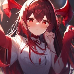 Clear focus,High resolution,High quality, Black long hair, Red eyes, Red horns, Crying