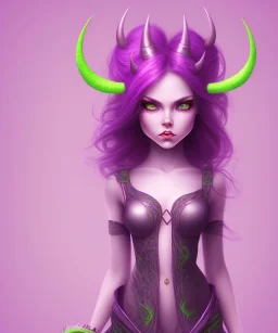 cute purple haired devil girl with bright green eyes and 2 black horns on her head wearing a purple/pink dress