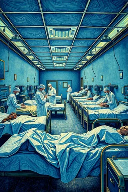 Busy Hospital beds room with nurses and doctors are prying laying in there beds at the End of Time; Pointillism; in the style of Vincent Van Gogh