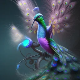 peacock, humming bird, fantasy art, Unreal Engine 5, lens macro,sharp focus, realistic, hyper detailed, studio lighting, neon light ambient