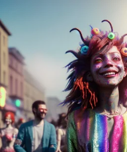 Ultra Realistic photo, medium shot view, drunken sweet dancer old brunette woman, carnival scene, monster hair, steampunk style. Red hair, confeti, smile, happy, festival, ovnis, gradient color fog. highly detailed, concept art, unreal engine 5, ray tracing, RTX, lumen lighting, ultra detail, volumetric lighting, 3d, finely drawn, high definition, high resolution.