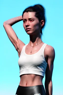 Ultra Realistic image, 25 years old brunette woman, Madrid, portrait, small stature, small chest, yakuza body tattoo, white broken cotton short undershirt, black latex legging, vibrant color, highly detailed, art stations, concept art, smooth, unreal engine 5, god rays, ray tracing, RTX, lumen lighting, ultra detail, volumetric lighting.