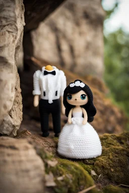 Adventure Amigurumi style, solo, looking at me, standing, full body, barby in bride dress,blurry, big beautiful chibi-style eyes, blurry background, Best quality, masterpiece,bride Art in the style of [Sack Boy | Gene Bilbrew | chibi-style | Amigurumi | Jeff Gord | Temmie | Ransom & Mitchell], unique sculptures, surreal and abstract forms through human forms, illustrative techniques and themes, prominent in magazines during the mid-20th century, detailed ink work, by Satori Canton🧸