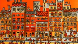 An orange colored western town with mechanical buildings painted by Keith Haring