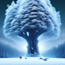 Giant tree, snow, giant birds