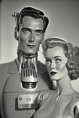 american dream portrait hansome man and a robot wife1950s