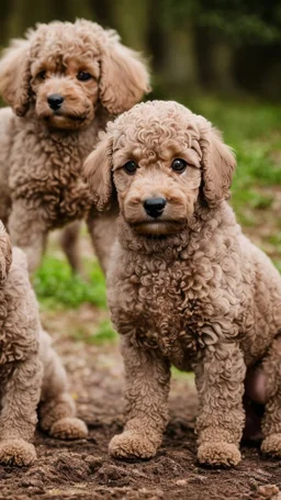 extreme close up photography of two cute puppy lagotto romagnolo happy dogs in a wood , running looking for truffles , in Tuscany Italy , photorealistic, backlight, 35mm lens