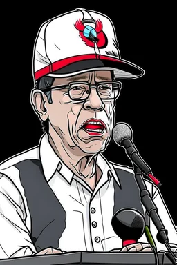 Ilustración vectorial de Gustavo Petro con gorra deportiva camisa, hablando con micrófono, colores negro, blanco y rojo, fondo negro