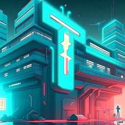 cyberpunk retro futuristic hospital with cross sign for comics