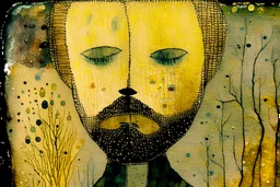 double exposure, merged layers, knitted dream, painted and burned burlap, handsome 40 years old man, dew drops, styles of Paul Klee Dee Nickerson and Tim Burton, melting watercolor and black ink outlines on wet paper, soft, shading strokes, heart and love, corrosion, golden patina natural pastel colors in sunshine, ethereal, otherwordly, cinematic postprocessing, bokeh, dof