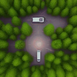 isometric exterior arial drone photo outdoor car forested at night, 8k hdr