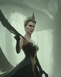 evil queen in black leather gown, busty, cleavage, angry, emperious, 8k resolution concept art portrait by Greg Rutkowski,