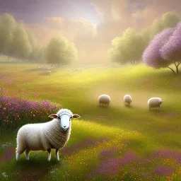 sheep wandering in a field of flowers