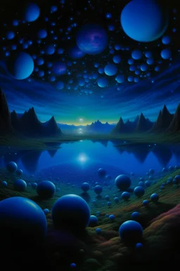 A surreal and vivid landscape, reminiscent of a DMT-induced hallucination. The sky is a deep indigo hue, almost black, speckled with thousands of glowing, iridescent orbs. These orbs range in size from that of a golf ball to that of a small planet and seem to be in constant motion, swirling and spiraling across the sky. The landscape below is filled with bizarre and fantastical forms. Towering, translucent trees with twisting branches and glowing veins sway gently in a non-existent breeze. Their
