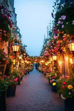 a beautiful Street decorated with flowers lamps lights