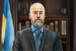 Politician in his office, wearing suit, blue shirt, gray tie, balding, full beard; caroonish, hand-drawn, watercolour