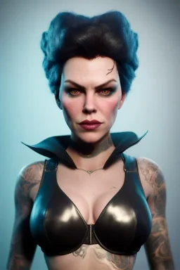 Hannah Waddingham as evil queen in black leather, busty, cleavage, curvy, lena headay, angry, stern look. character design by cory loftis, fenghua zhong, ryohei hase, ismail inceoglu and ruan jia. unreal engine 5, artistic lighting, highly detailed, photorealistic, fantasy