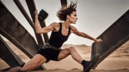 beautiful slender caucasian female technician, black tank top, well toned muscles, weathered face, scratched sand camo metal details, short brunette wavy bob haircut, dystopian, desert scene, jumping from a futuristic tank