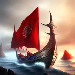 viking ship, mighty queen elf, red armour, realistic, HD4k, watery cloud background, deep red eyes, close up shot