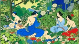 An illustration by Kuniyoshi and Matisse of individuals practicing yoga surrounded by blooming flowers and lush vegetation.