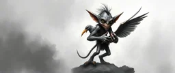 air brush 3d with pen outline, mongrel goblin gremlin holding big big bird, charcoal fog border