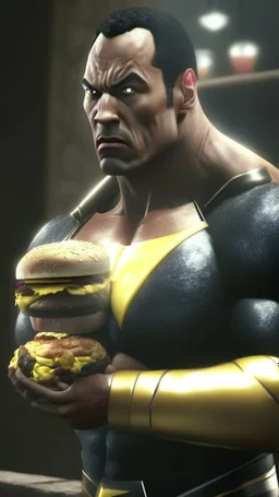 black adam become very fat, eat burger, ultra realistic, 4k, ultra detail, full body