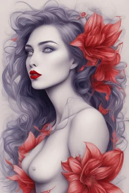 blue Pencil drawing of a woman with red lips and flower in hair on watercolor paper