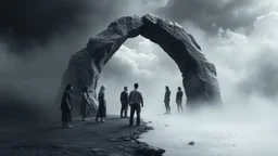A depressing image, sad and emotional thought-provoking image of a portal which separates two worlds. A rocky portal separates the world of color and the world of gray. Several people standing in the color world begging those in the gray All the people in the gray world are shades of grayscale. The 10 people in the gray are all sad and depressed several crying and weeping. Those beyond the portal in the color world are living and joyful.