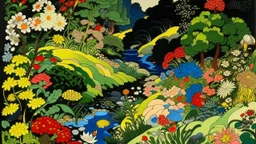 An illustration by Kuniyoshi and Kandinsky of a landscape of blooming flowers and lush vegetation.