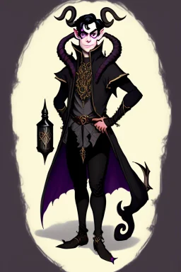 Young tiefling nobleman alchemist with black hair horns and large reptilian tail gothic jewelry and potion bottles in the style of Charles Addams