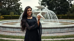 Hyper Realistic Photographic View Of A Beautiful Young Pakistani Pashto Woman (With Beautiful Long Black Hair) Wearing A Beautiful Black Dress With Black Embroidery; Happily Holding A White Pigeon And Standing With Green Grass With A White Marble Water Fountain Behind Her At Beautiful Cloudy Day Showing Dramatic And Cinematic Ambiance.