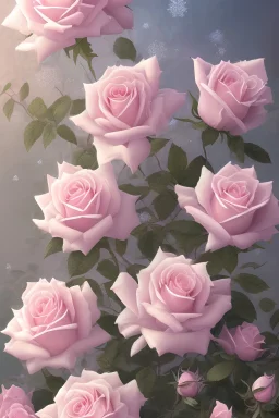 enlighten, soft smile, wonderful winter garden with pink roses, majestic, art background, intricate, masterpiece, expert, insanely detailed, 8k resolution, intricate detail, soft smooth lighting, light pink blue colours