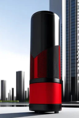 portable speaker, form inspired by merdeka 118 tower , architecture form, modern design style and black and red color