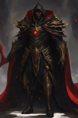 handsome Dark lord in black and gold armor with grey skin and red eyes, and a ghostly black flowing cape