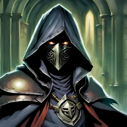 90's fantasy tcg art of a hooded heroic man with a metal mask