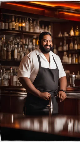 photography of a massive strong burly chubby indian barman 39 years old, short hair, short silver beard,, big shoulders, big calves, shy smling, photorealistic, side light, frontal view from the ground, in a casual bar shirtless wearing a white apron