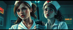 cyberpunk fallout 4, airbrush and pen outline, A cinematic, high-end advertisement image for a fictional service called “Spice Girl Nurse Surprise Party™”. Split-screen composition with two contrasting emotional states.