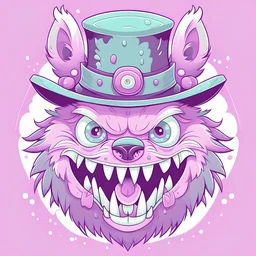 Pink and light purple pastel dream Monster, wolf with teeth all over body, top hat and a monocle, 3 eyes and a split tongue, horror cute cartoon,