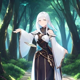 Girl with white hair wearing white robes. Boy with black hair wearing leather armor. Forest path